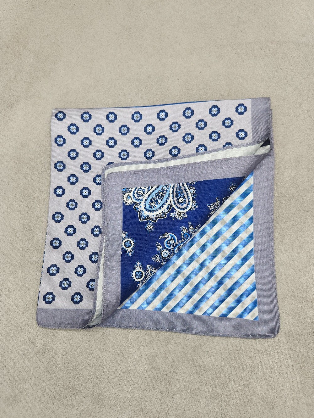 Cremieux Pocket Square Grey Blue 4 Panels 100% Silk Paisley Pochette New $35